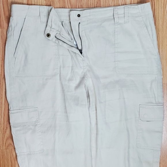 Chicos size 3 Xl linen blend straight crop cargo pants khaki stretch summer boho - Picture 2 of 9